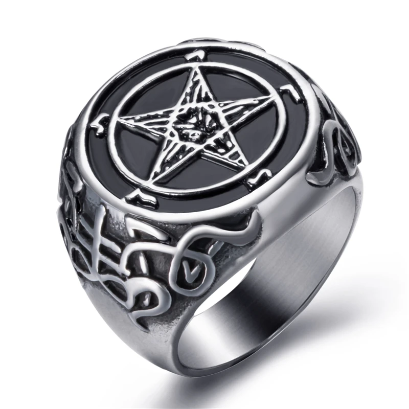 Elfasio Mens Stainless steel ring Baphomet Goat Pentagram Satanic Leviathan Cross Devil Demon Star Biker  Jewelry Size 7-15