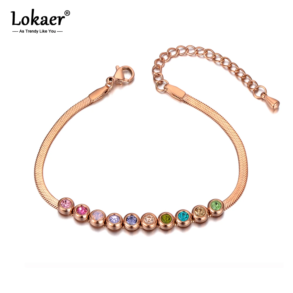 Lokaer Trendy Stainless Steel Mixed Color Crystal Charm Bracelets For Women Girls Bohemia Rose Gold Snake Chain Bracelet B20046