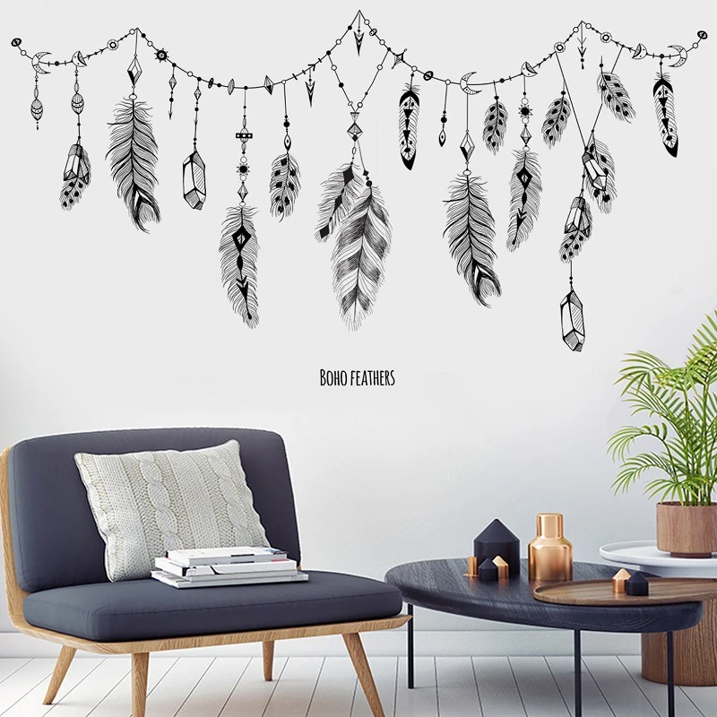 black boho feathers wall stickers for bedroom living room bathroom bar kitchen wall decor removable art decals mural diy