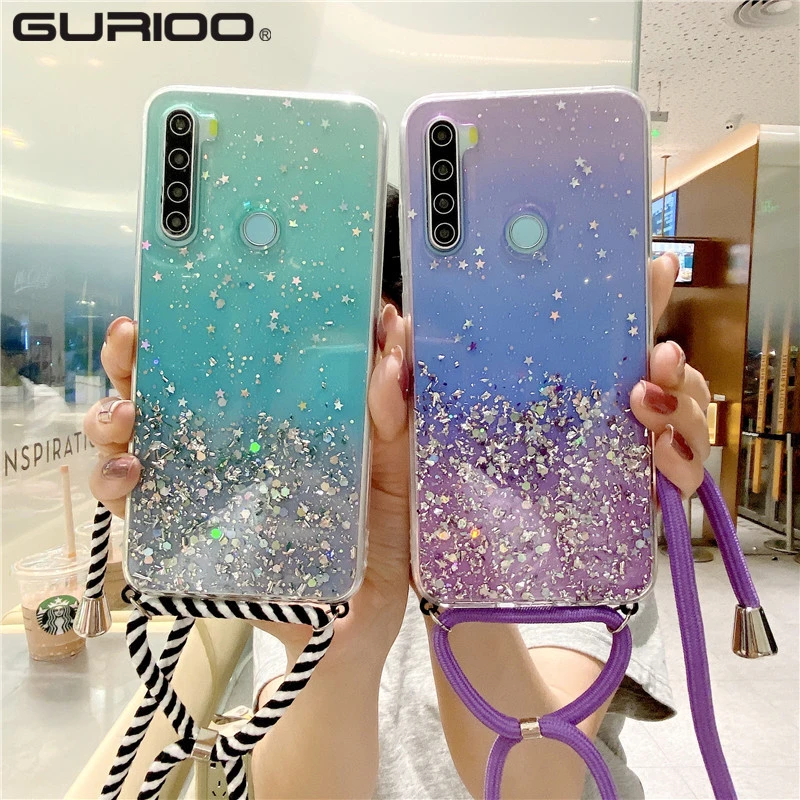 Strap Cord Lanyard Phone Cases For Xiaomi Redmi 8A 7A 6A 5A 4X K20 K30 Pro Redmi Note 9 9S 8T 8 6 5 Pro 4 Glitter Silicone Cover