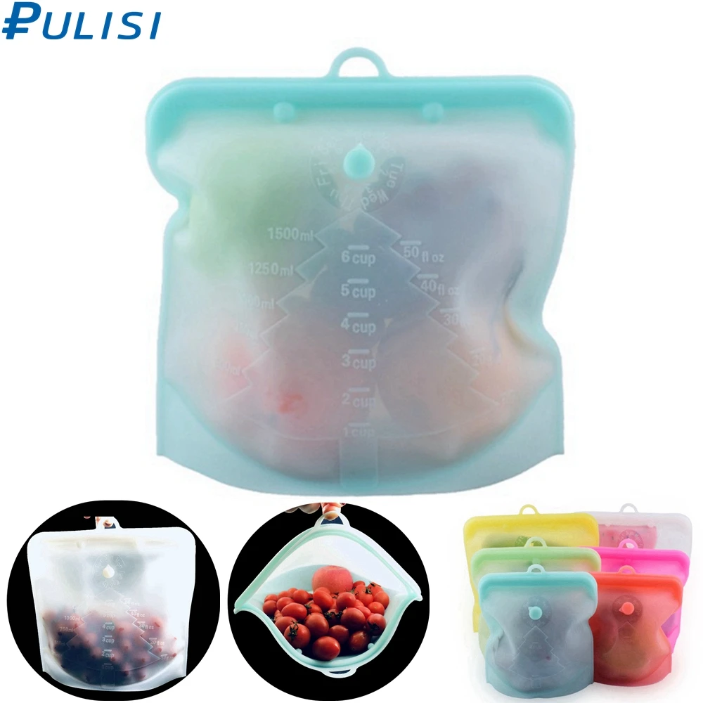 PULISI Silicone Reusable Food Bag 1500ml 50oz Leakproof Containers Reusable Fresh Bag Food Storage Bag Freezer Bag Snack
