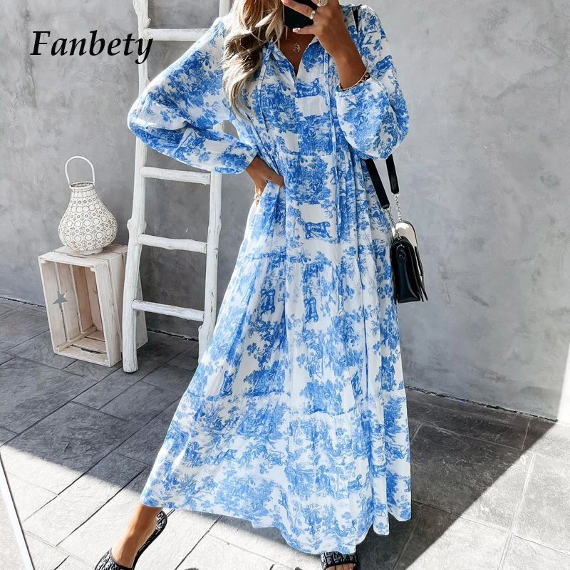 Elegant Lace-Up Drawstring Dress Summer Fashion Flower Print Long Sleeve Party Dress Women Casual V Neck Loose Maxi Dress Mujer