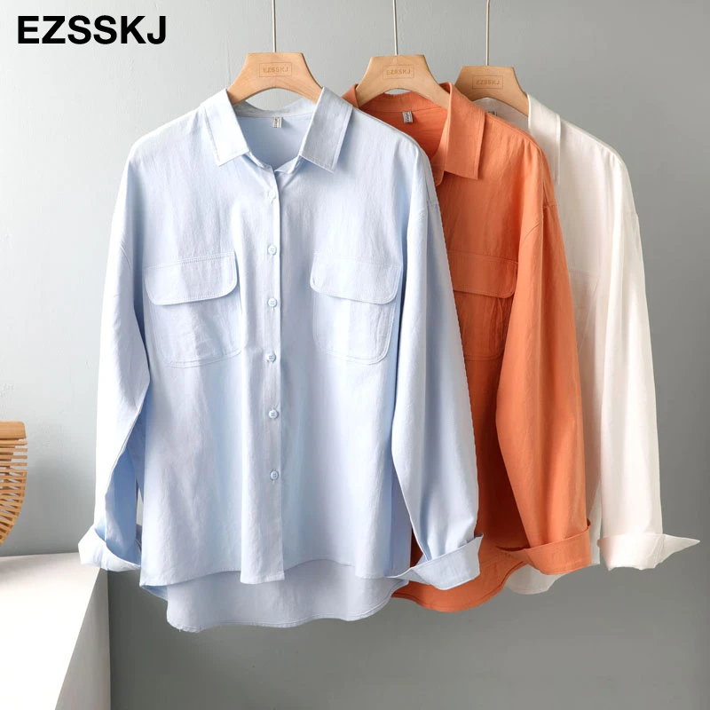 2021 new chic casual loose cotton blouse shirt women female white blouse shirt  spring summer women oversize shirt top