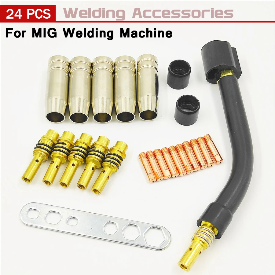 24pcs/Set 15AK for Binzel Torch Gun Consumables Electrode Shield Cups and Link Rod Tips Goose Neck Bend For MIG Welding Machine