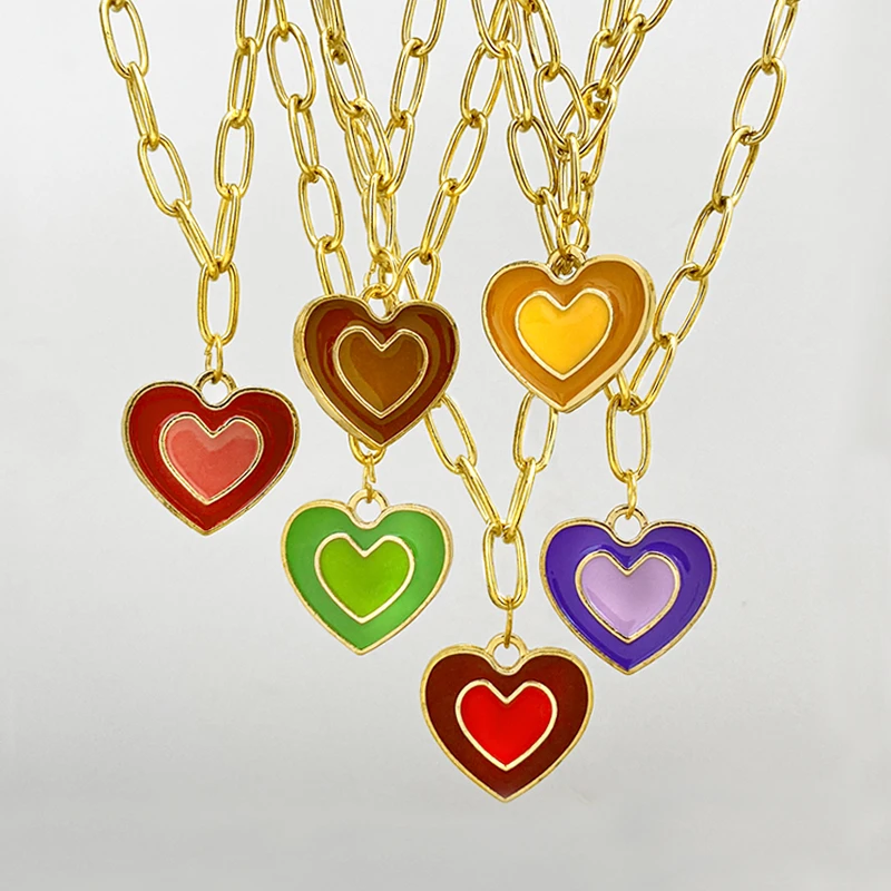 17KM Fashion Colorful Love Heart Couple Necklace For Women Men Couples Rainbow Heart Chain Choker Necklaces Lovers Jewelry