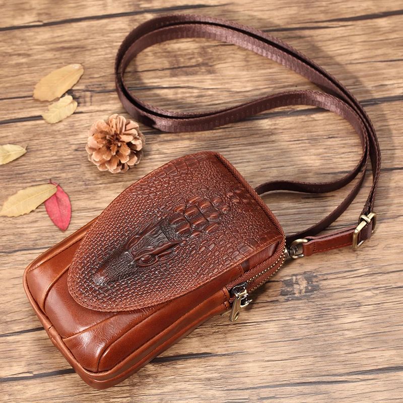 Small Genuine cowhide leather Men's Shoulder Bag Clutch Hangbag Messenger Male Bags Crossbody Sling Tote Small Zipper Belt Bags