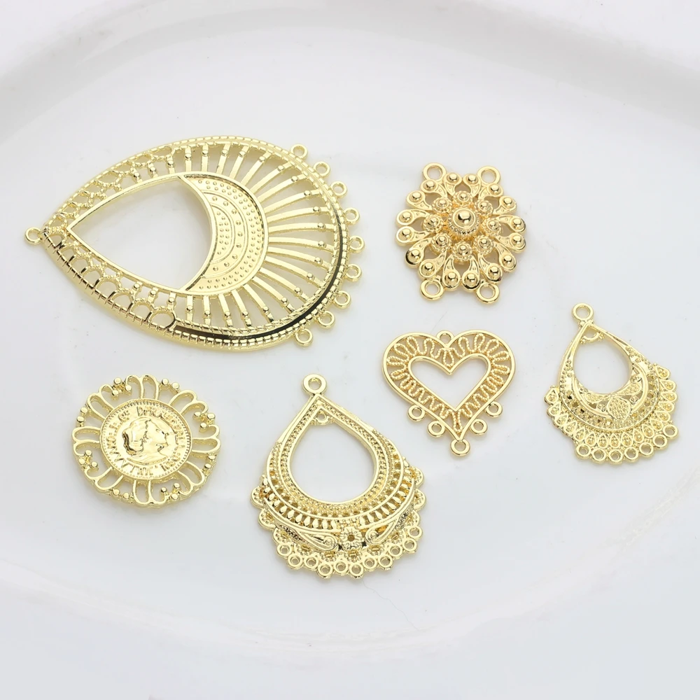 Zinc Alloy Charms Flat Golden Round Water Drop Shape Hollow Connector Charms 6pcs/lot For DIY Tassel Earrings Making Accessories