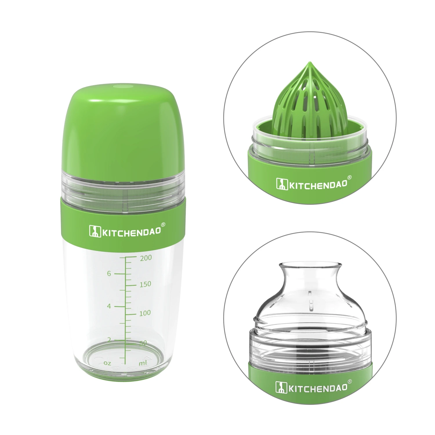 2 in 1 Salad Dressing Shaker with Multifunctional Citrus Juicer Dripless Pour Leak-free Soft Grip Anti-slip Feet 250ml