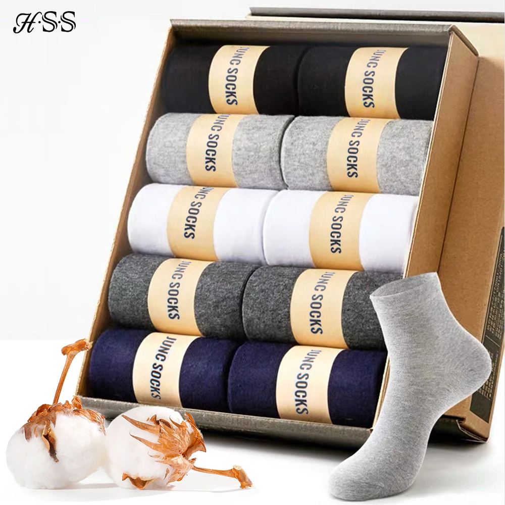 HSS Brand Business Men 100% Cotton Socks New Style Black Casual Socks Soft Breathable Summer Winter Long Socks Plus Size (7-14)