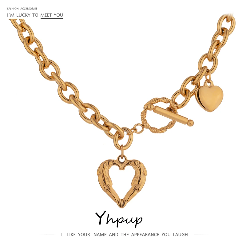 Yhpup Gold Stainless Steel Heart Collares Statement Metal Texture Geometric Chain Collar Necklace for Women Anniversary Gift New