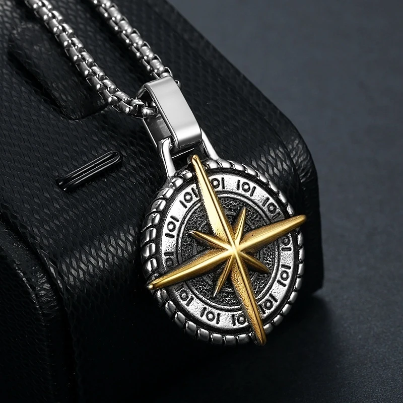 Retro Viking Compass Pattern Round Pendant Necklace Men's Necklace Fashion Necklace Nautical Compass Pendant Accessories Jewelry