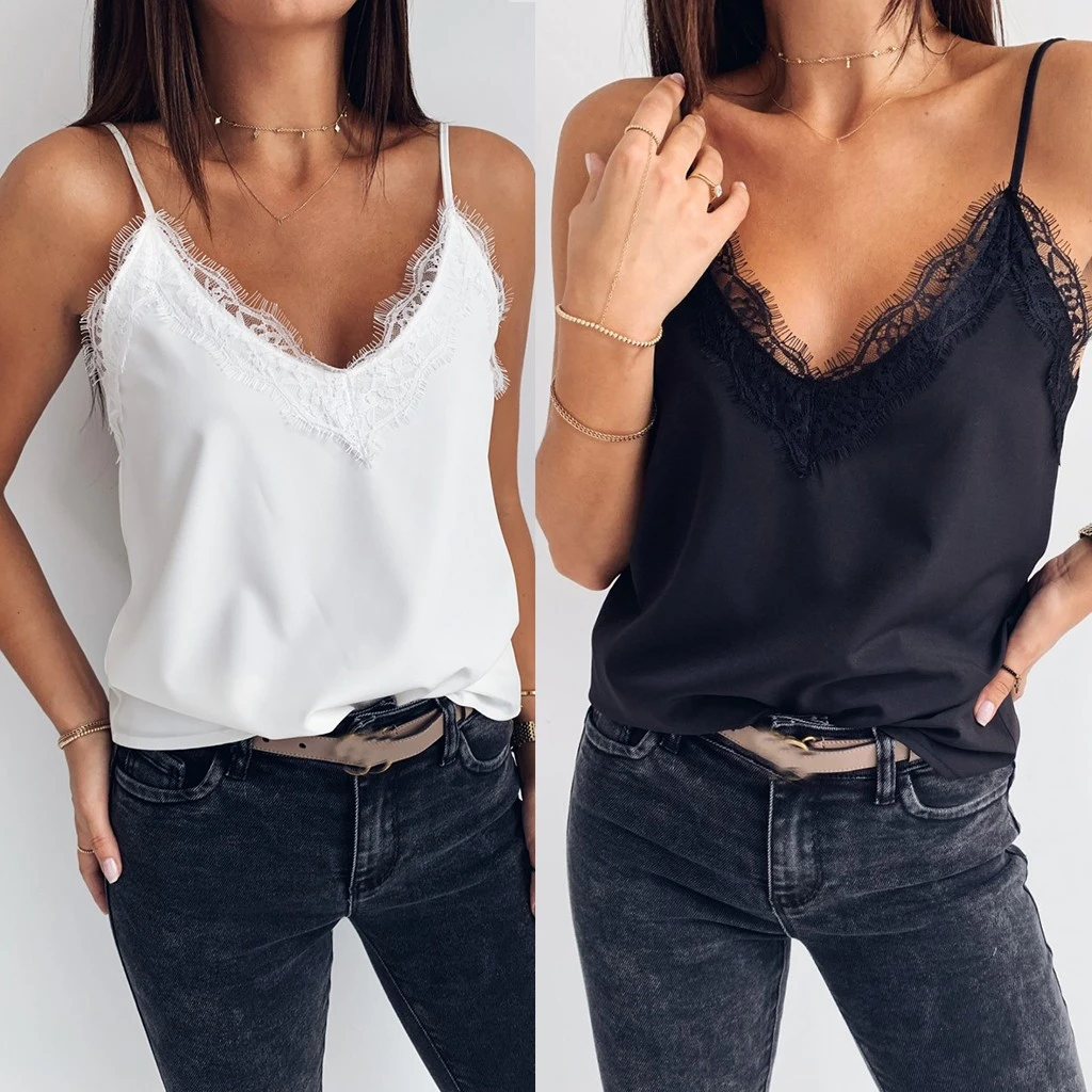 Black White Women Vest Top V Neck Lace Spaghetti Strap Tank Tops Casual Sleeveless Shirts Blouse Camisetas tirantes mujer