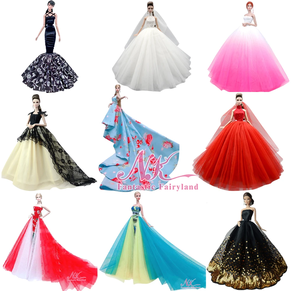 NK  Doll Dress High quality Handmade Long Tail Evening Gown Clothes Lace Wedding Dress For Barbie Doll Best Gift Baby Toys C1 JJ