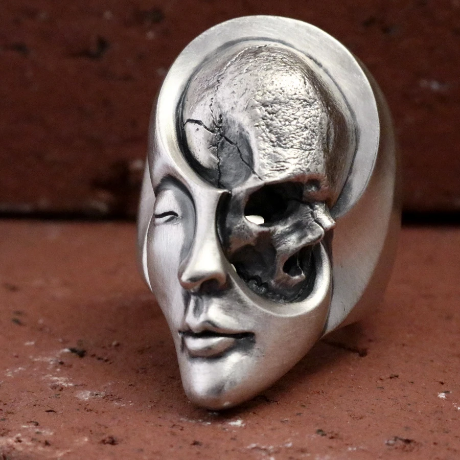 EYHIMD Unique Design Human Duality Hide Yin and Yang Skull Rings Men's Punk Goth Stainless Steel Biker Ring Women Jewelry