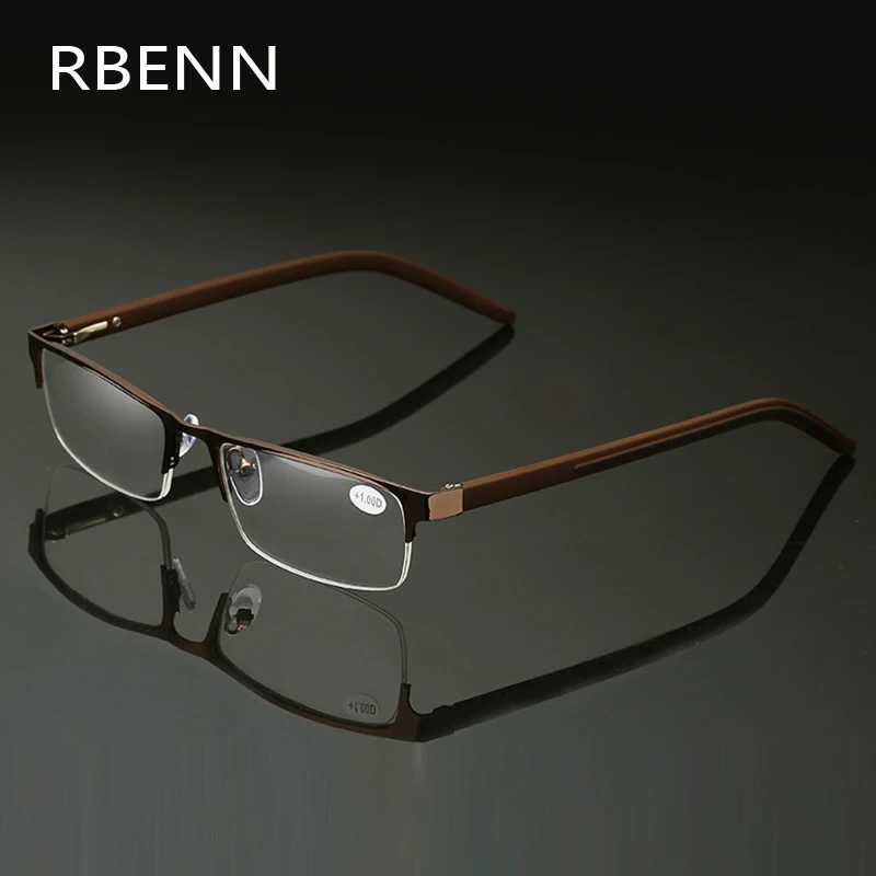 RBENN Metal Frame Reading Glasses Men High Quality Semi Rimless Business Presbyopic Reading Glasses +0.5 0.75 1.25 1.75 2.25 5.0