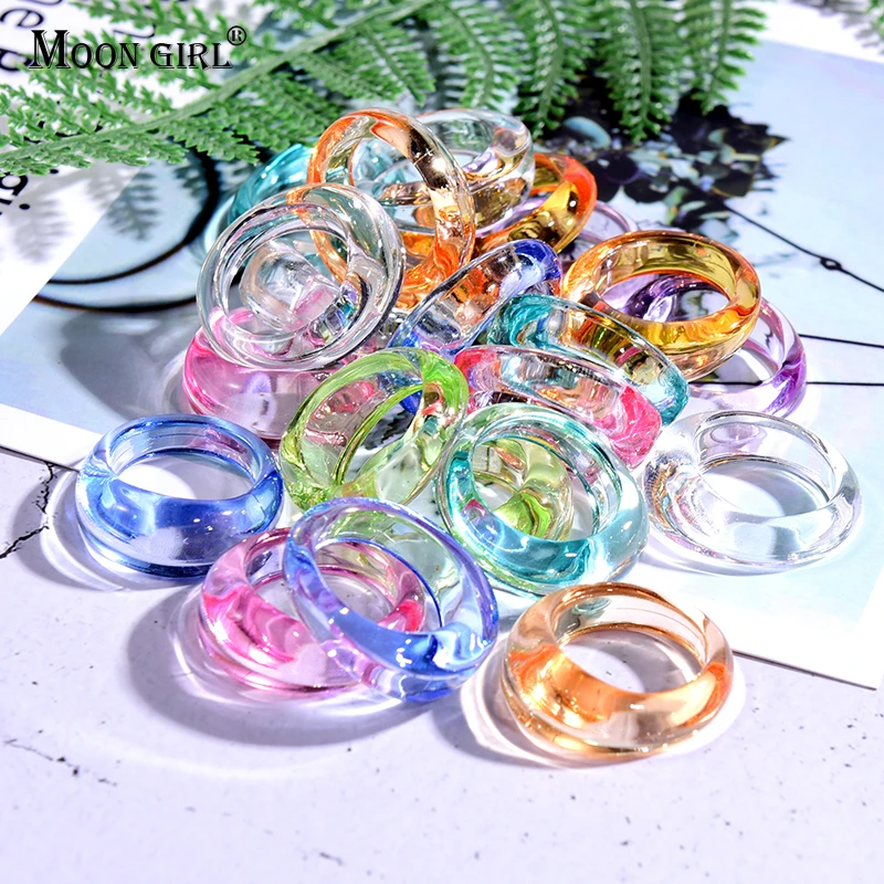 10Pcs Random Transparent Ring for Women Fashion Acrylic Resin Trendy Round Friendship Ring Set Jewelry Girls Summer Party Gifts