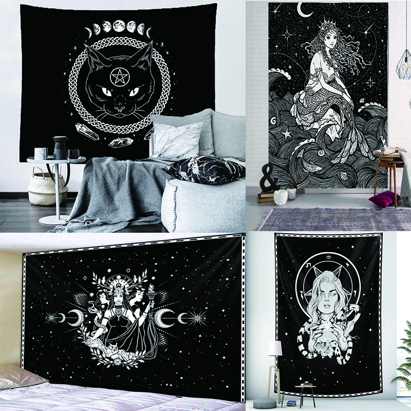 Tarot Card Black Cat Tapestry Wall Hanging Hand Hippie Moon Wolf Witchcraft Decoration Skull Decor Tapestry Wall Blanket