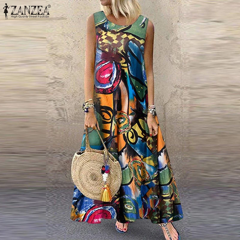 ZANZEA Summer Dress Women Bohemian Sleeveless Floral Printed Sundress Robe Vintage Kaftan Beach Vestido Femme Sarafans