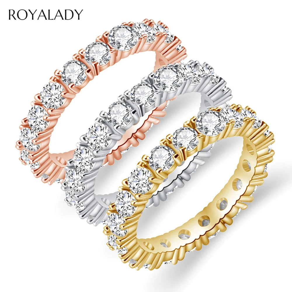 Fashion Cubic Zircon Pave Band Eternity Stacking Rings For Women White Rose Gold Round Crystal Party Wedding Rings Wholesale
