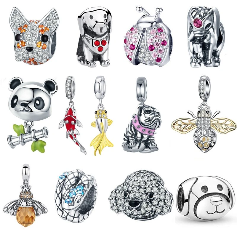 925 Sterling Silver Ladybug Cat Bulldog Turtle Elephant Animal Bee Tortoise Charms Beads Fit Bracelet DIY Beads Jewelry Making