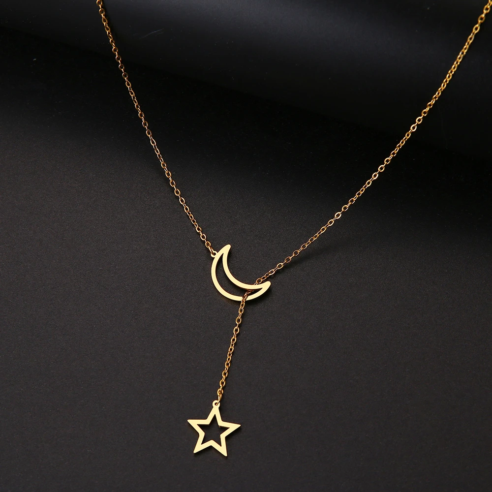 DOTIFI For Women Necklaces Double Pendant Long Chain Moon Star Stainless Steel Necklace Jewelry