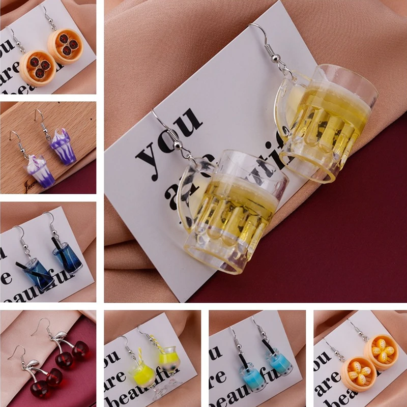 New Fashion Enamel Cherry Beer Dinosaur Butterfly Dangle Earrings for Women Cartoon Design 3D Dice Drop Earrings Funny Jewelry
