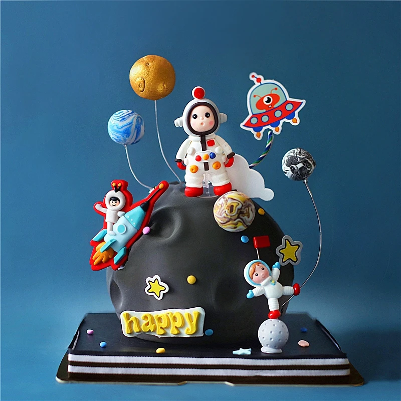 Universe Stars Astronaut Rock Rose Fox Prince Boy Happy Birthday Cake Topper for Party Decoration Dessert lovely Gifts