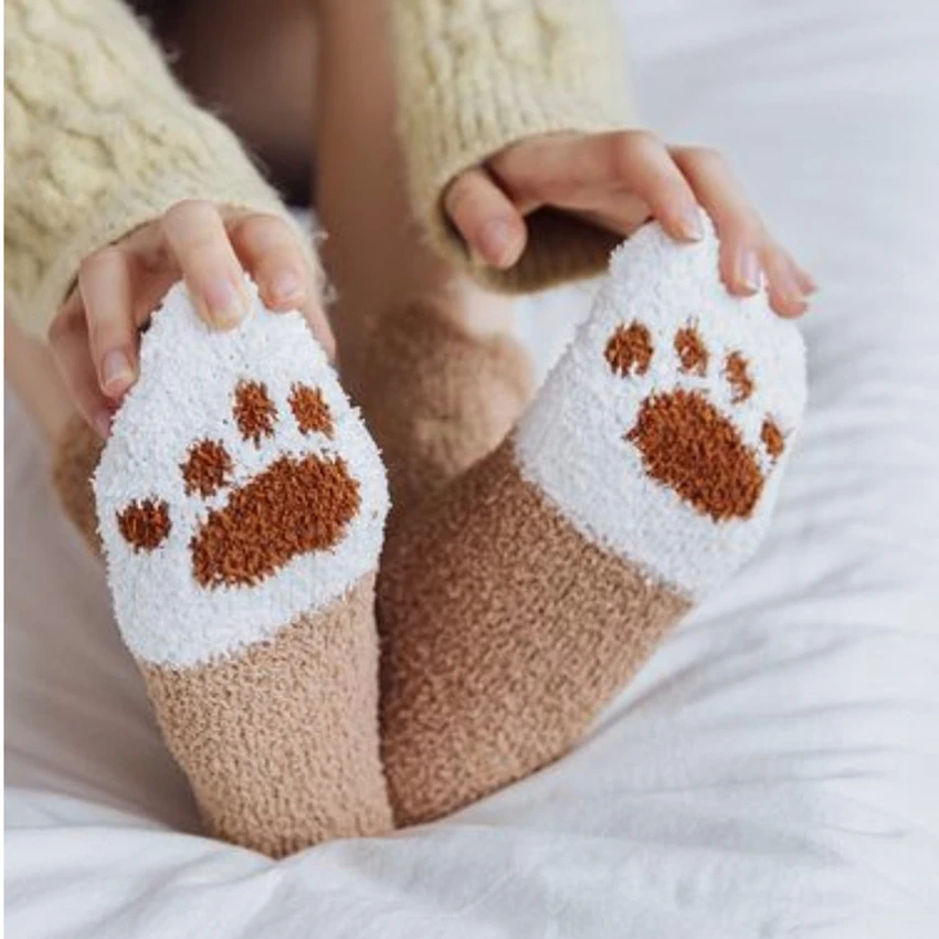 Winter Cat Paw Cartoon Pattern Series Soft Cotton Ladies Socks Funny Cute Style For Christmas Gift Women Sleeping Floor Sox