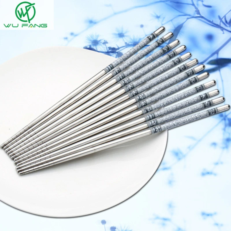 5 Pairs Traditional Chinese Blue and White Porcelain Kitchen Tools Chopsticks Set Durable Cutlery Stainless Steel Food Grade