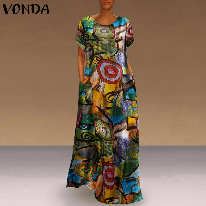 Long Printed Maxi Dress 2021 Casual Women's Summer Sundress VONDA Bohemian Female Printed Robe Short Sleeve Vestidos