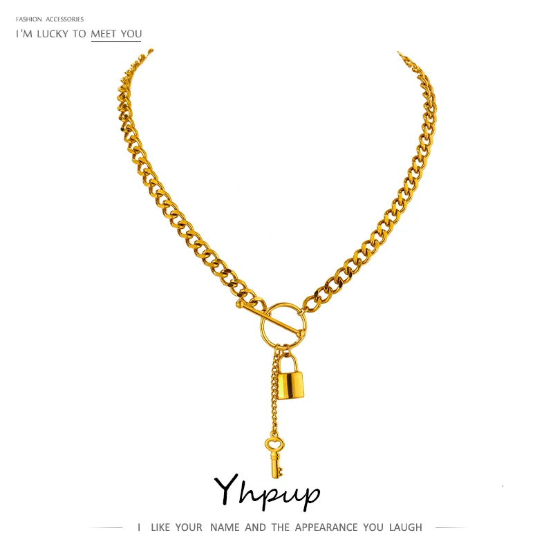 Yhpup New 316L Stainless Steel Jewelry Punk Metal Lock Pendant Necklace Minimalist 18 K Plated Chain подвеска Necklace Gala