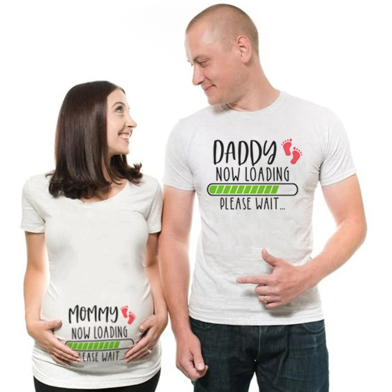 1pcs Mommy Daddy Loading Please Wait T Shirt Funny Couple Pregnant Announcement Shirts Plus Size Maternity Tshirt Family Clothes