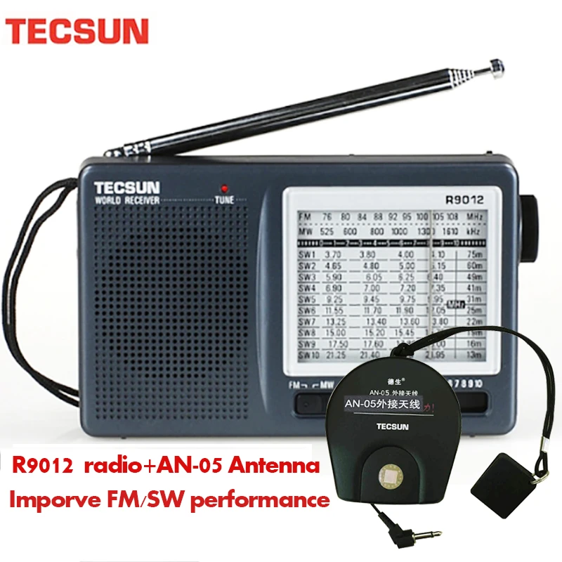 TECSUN R-9012 AM/FM/SW 12 Bands Shortwave Radio Portable Receiver with  AN-05 External Antenna Multiband Radio Receiver