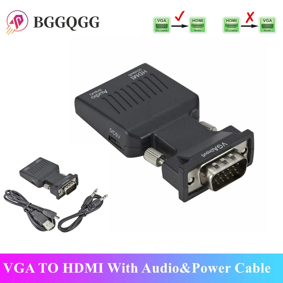 BGGQGG VGA Male to HDMI Female Converter with Audio Adapter Cables 720/1080P For HDTV Monitor Projector PC Laptop TV VGA TO HDMI