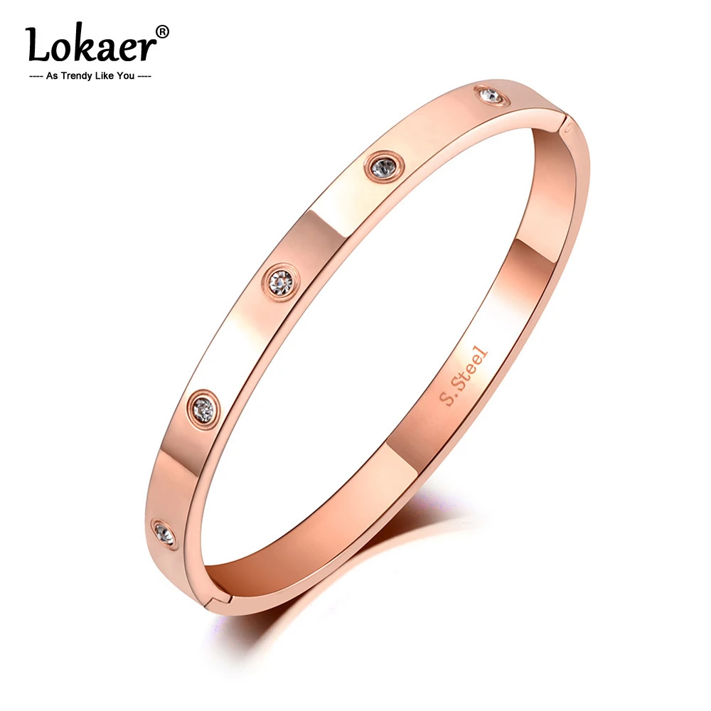 Lokaer Luxury CZ Crystal 6mm Cuff Bangles For Women Rose Gold Cubic Zirconia Love Titanium Stainless Steel Bracelets B19062