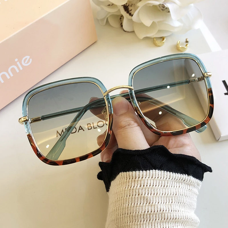 Women Square Blue Leopard Sunglasses Color Frame Trend Glasses High Quality Oversized Sun Glasses For Female Men Oculos uv400