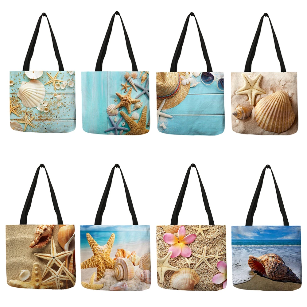Ladies  Shoulder Bag Blue Ocean Starfish Beach Sand Prints Tote Shopping Bag Linen Fabric Beautiful Casual Practical Handbag