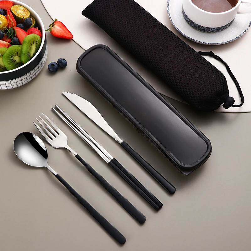 4Pcs/set Camping Tableware Set Reusable Travel Cutlery Set Stainless Steel Spoon Fork Chopsticks Portable Case with Gift Box