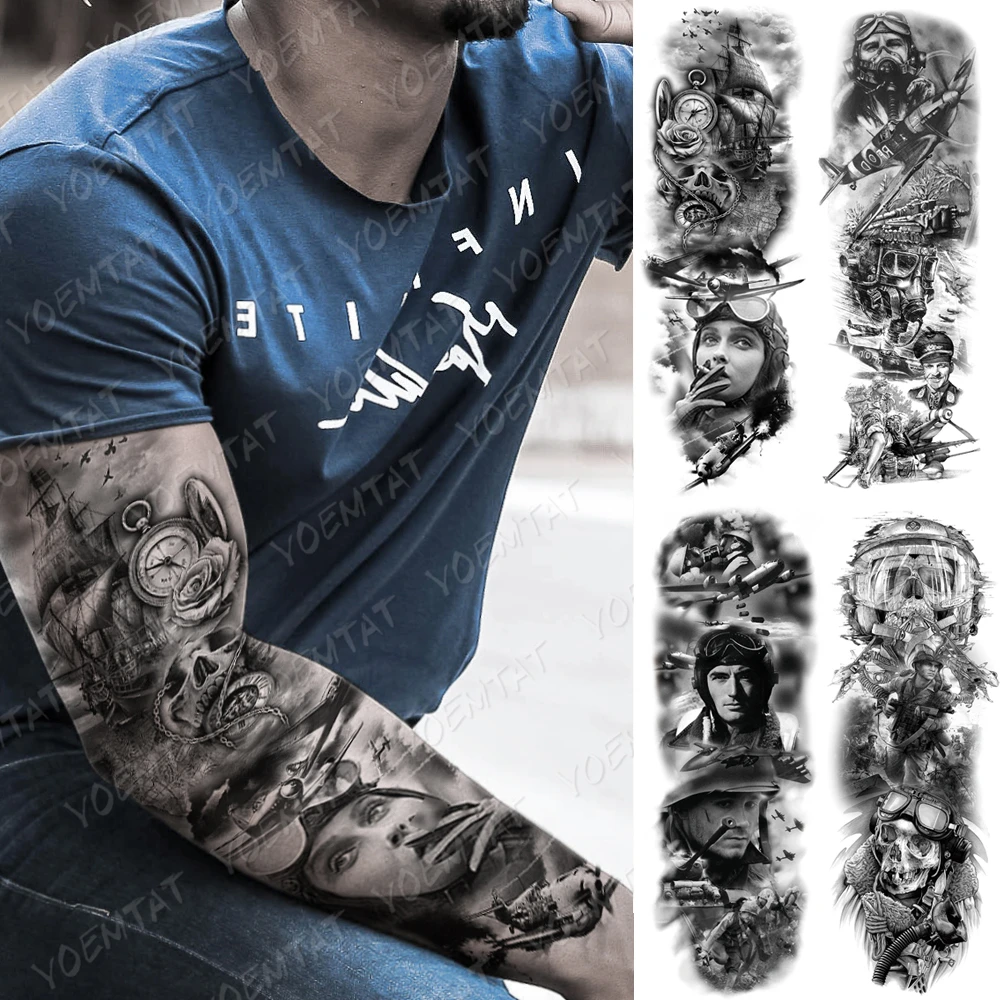 Large Arm Sleeve Tattoo Airplane soldier Pilot Waterproof Temporary Tatto Sticker Sailing Compass Body Art Full Fake Tatoo Women