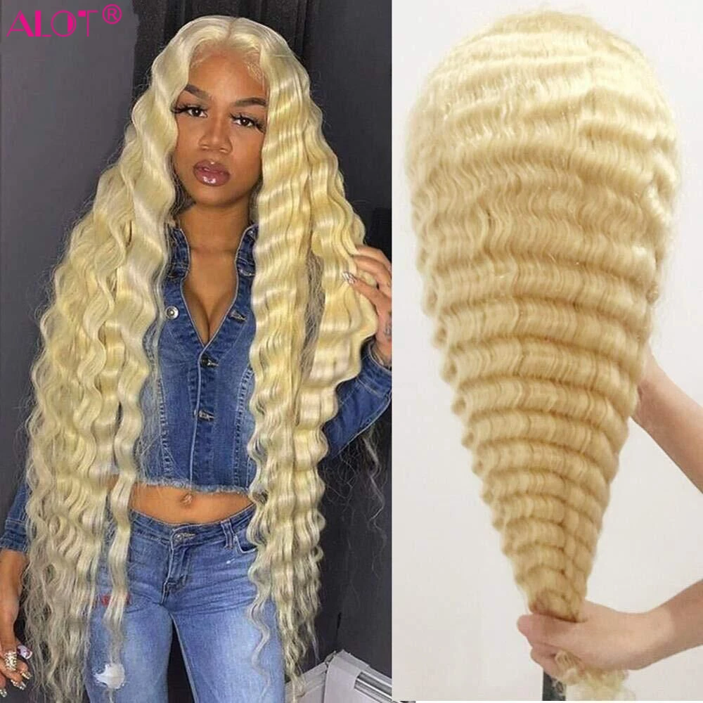 13x4 613 Honey Blonde Lace Frontal Wig Brazilian Deep Wave Wig Pre Plucked Transparent Lace Front Human Hair Wigs 40 Inch