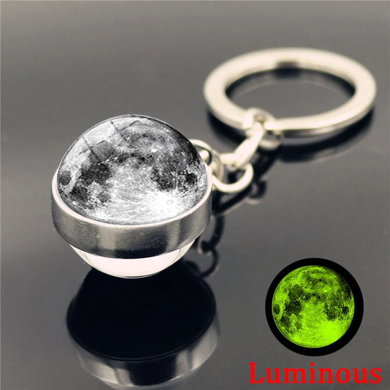 Glow in the Dark Full Moon keychain Nebula Pendant Solar System Glass Cabochon  keyring Galaxy Space Astronomy Planet  jewelry