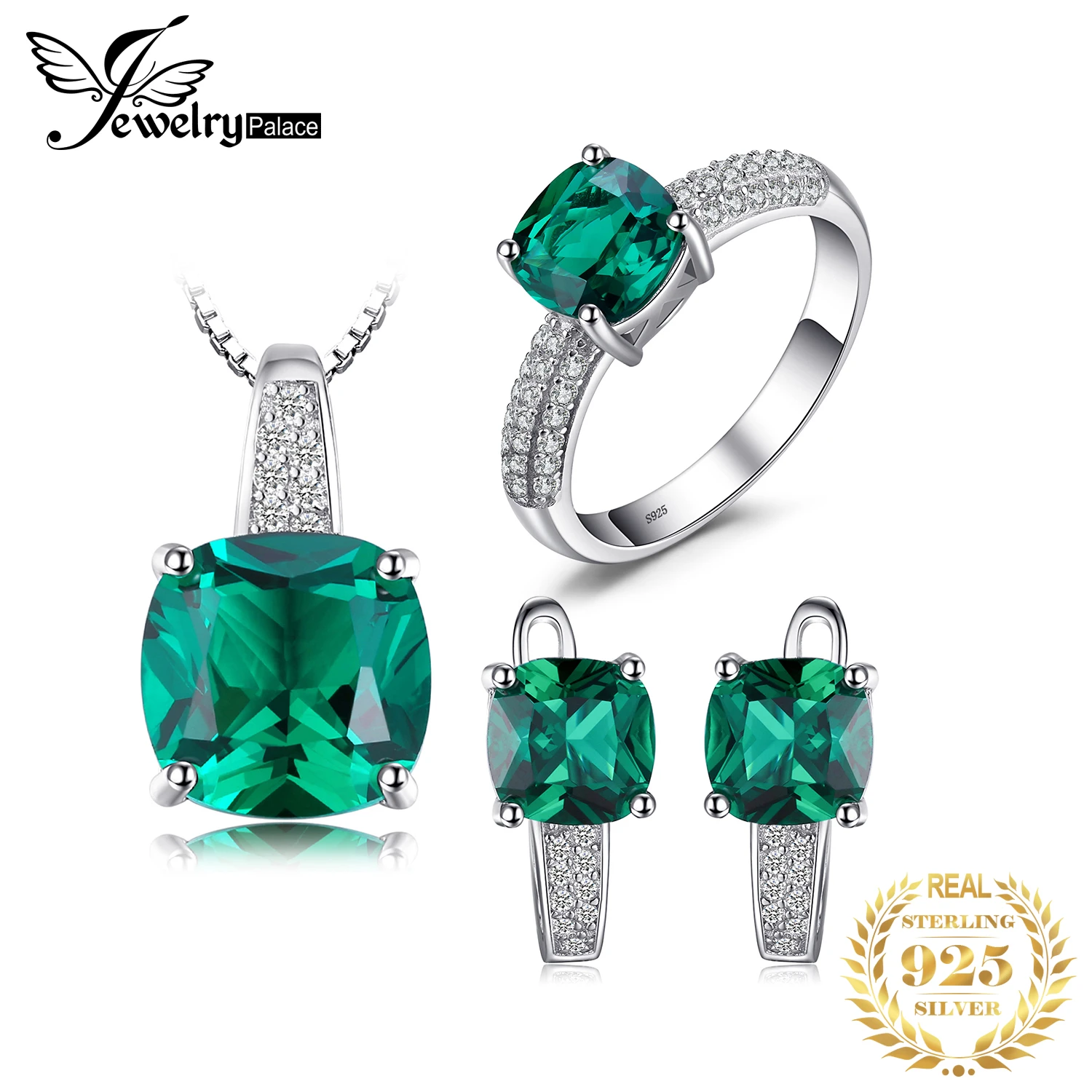 JewelryPalace Simulated Green Emerald Ring Pendant Hoop Earrings Gemstone Jewelry Sets 925 Sterling Silver Wedding Women Jewelry