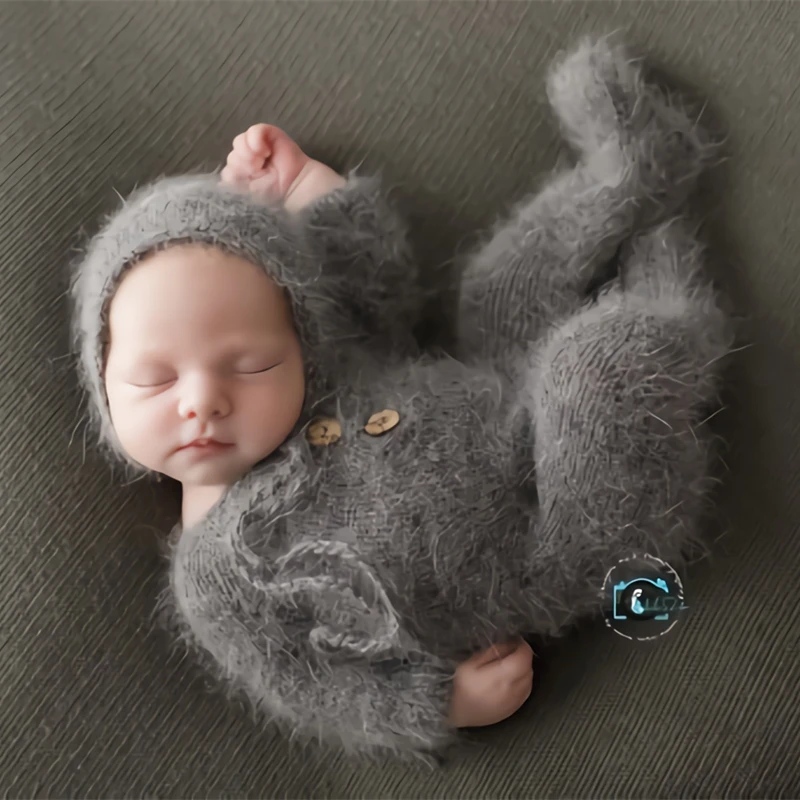 Newborn romper photography props,handmade mink yarn outfits bodysuit with bonnet