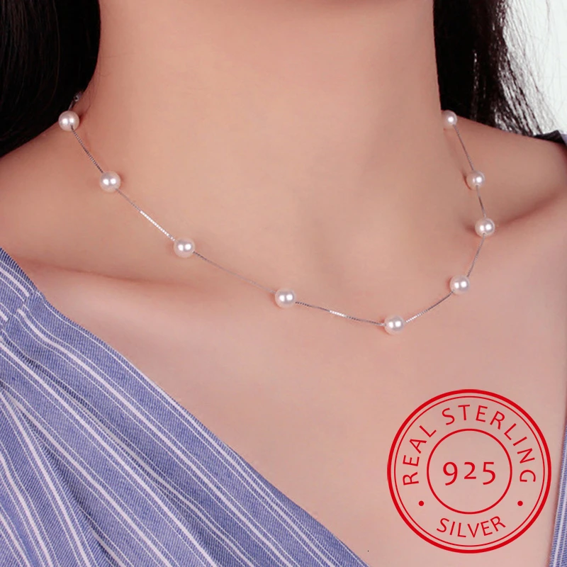 925 Sterling Silver Jewelry 12 Pcs 6mm Pearl Box Chain Choker Necklace Kolye Collares Bijoux Femme S-n54