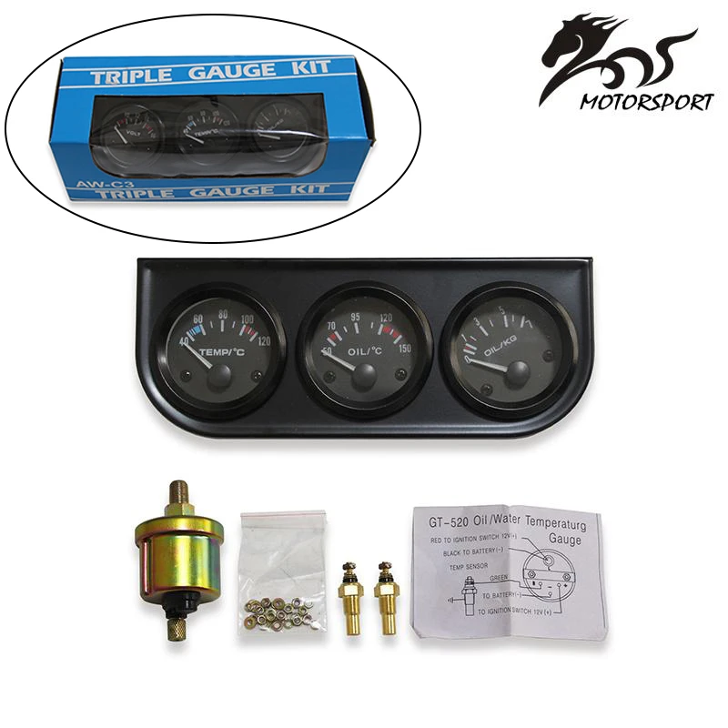 52mm Triple kit Oil Temp Gauge + Water Temp Gauge + Oil Pressure Gauge with Sensor 3in1 Car Meter +Volt meter