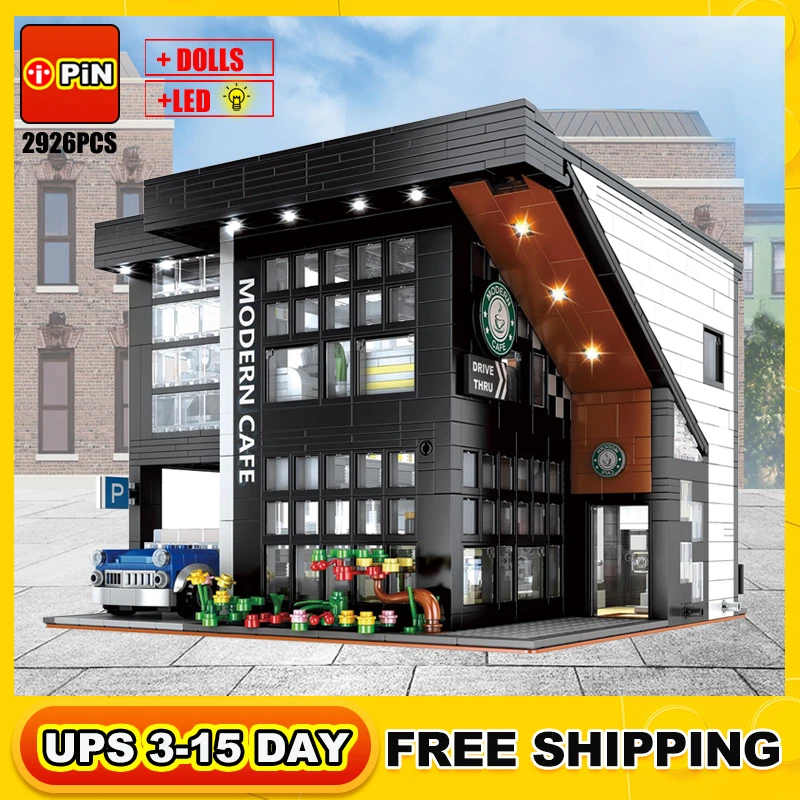 City Streetview Modern Coffee Shop Model Building Blocks Architecture Series Construction Set Moc Bricks Toys For Kids Gifts