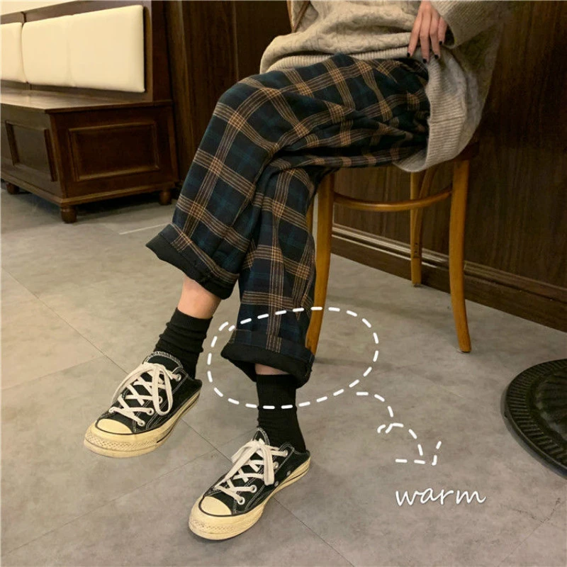 Fashion Autumn Winter Fleece Plaid Pants Women Thick Trousers Loose Straight Casual Pants High Waist Wide Leg Pants Woman Pants