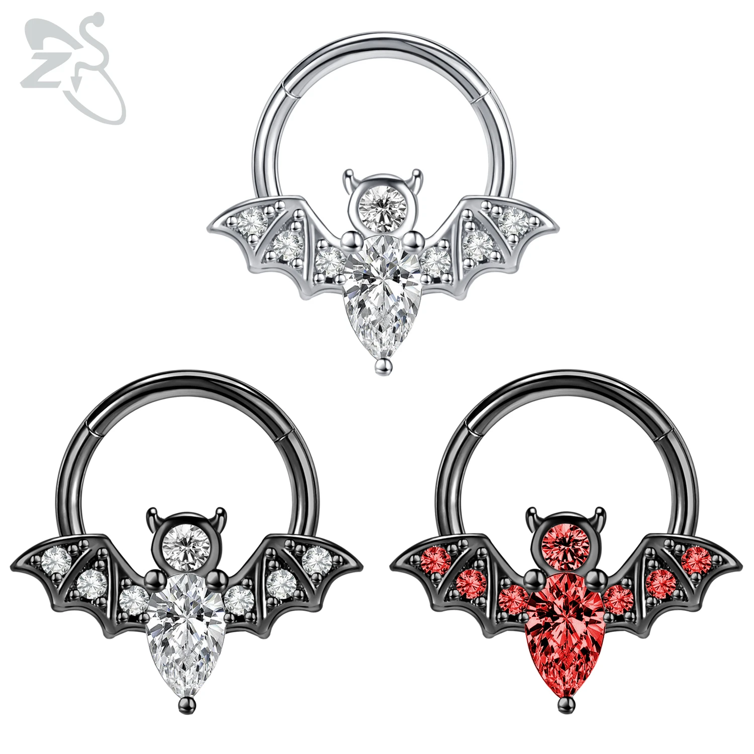 ZS 1 PC Bat Design CZ Crystal Nose Ring 316L Stainless Steel Septum Clicker 16G Ear Tragus Cartilage Daith Piercing Jewelry 8MM