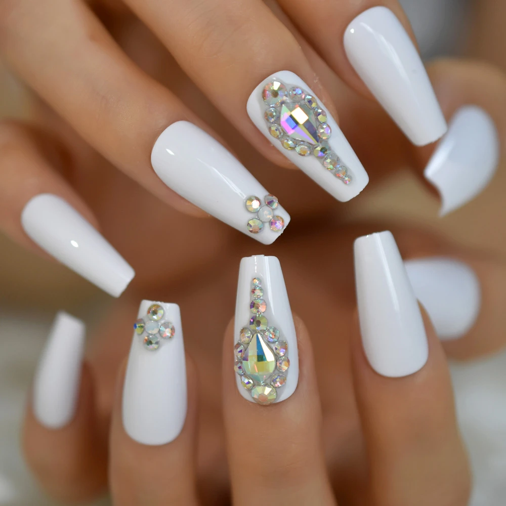 Salon Perfect Artificial Nails 3D Rhinestones Decorative White Nude Faux Ongles Long Ballerina Trapezoid Tips