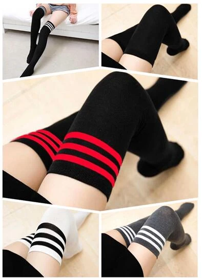 4 Colors Three-Bar Striped Socks Gilr Knee High Socks Cotton Non-Slip Sweat-Absorbing Deodorant Thigh Overknee Long Socks Women